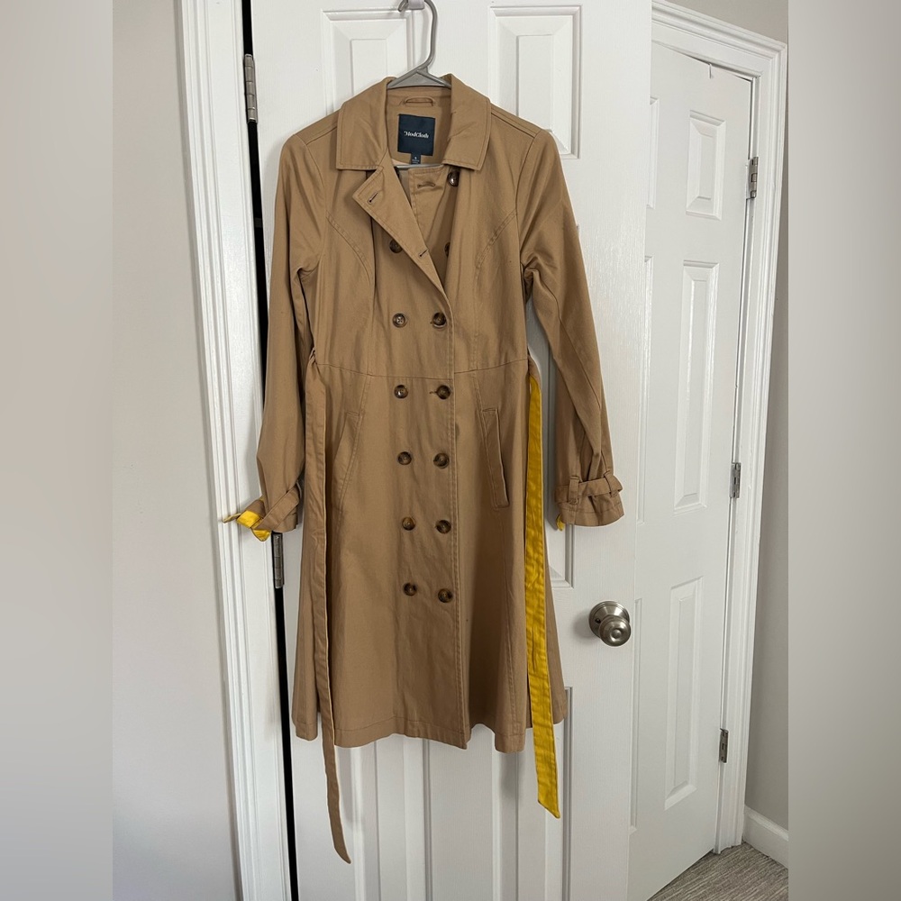A-line pleated trench coat with yellow belt detail. ModCloth size Small.